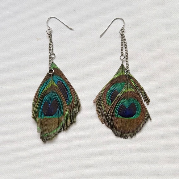 Jewelry - Peacock Feather Dangle Earrings – Boho Statement Accessory
